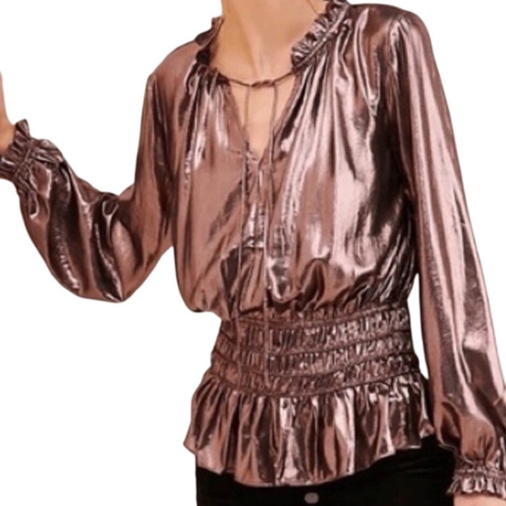 Anthropologie Current Air Metallic Peplum Blouse Rose Gold Long Sleeve Top M - Picture 1 of 8
